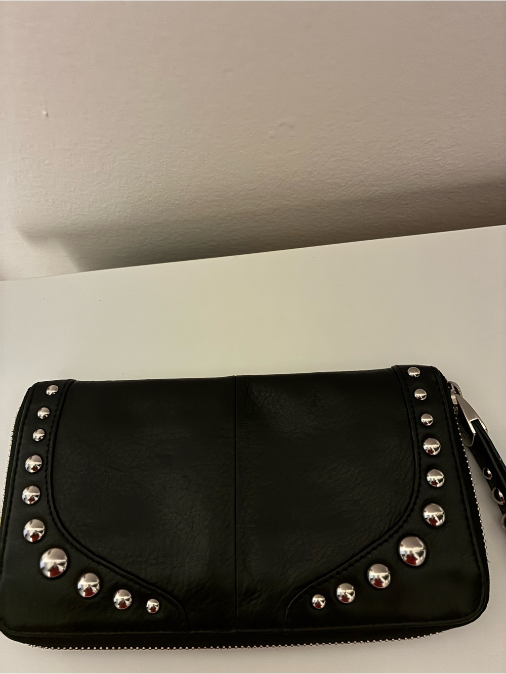 B. Makowsky Black Studded Leather Zip Clutch Wristlet